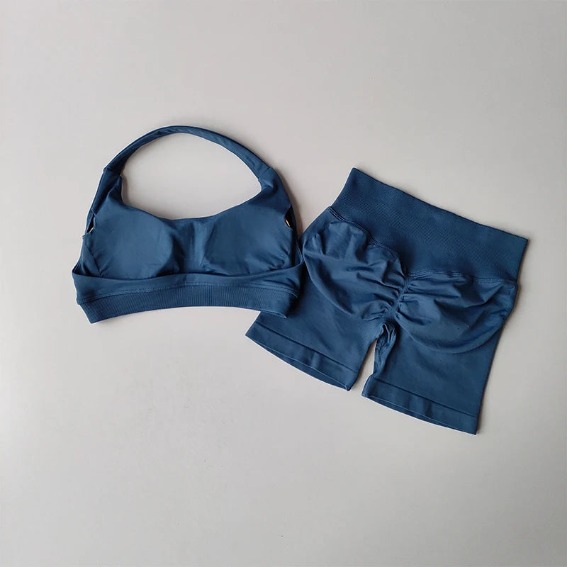 Women’s Sports Bra & Shorts Set – High Waist, Halter Back