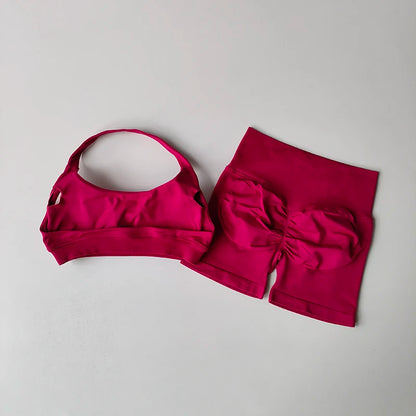 Women’s Sports Bra & Shorts Set – High Waist, Halter Back