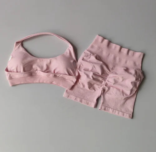 Women’s Sports Bra & Shorts Set – High Waist, Halter Back