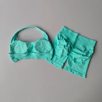 Women’s Sports Bra & Shorts Set – High Waist, Halter Back