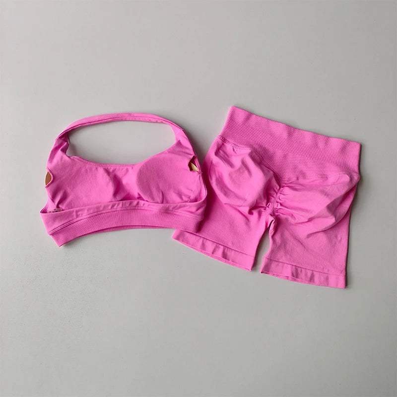 Women’s Sports Bra & Shorts Set – High Waist, Halter Back