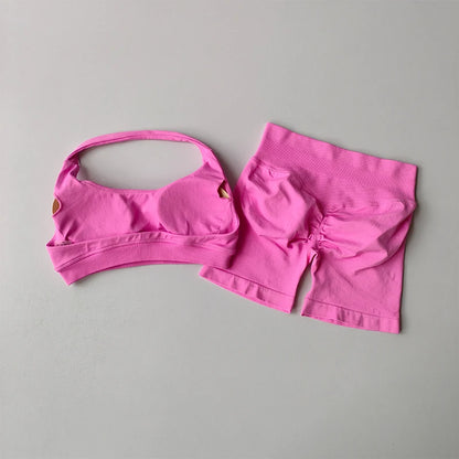 Women’s Sports Bra & Shorts Set – High Waist, Halter Back