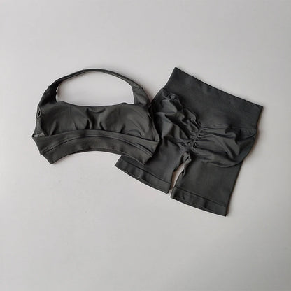 Women’s Sports Bra & Shorts Set – High Waist, Halter Back