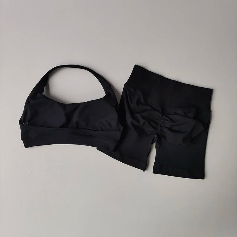Women’s Sports Bra & Shorts Set – High Waist, Halter Back