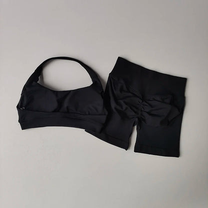 Women’s Sports Bra & Shorts Set – High Waist, Halter Back