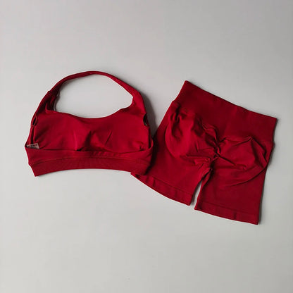 Women’s Sports Bra & Shorts Set – High Waist, Halter Back