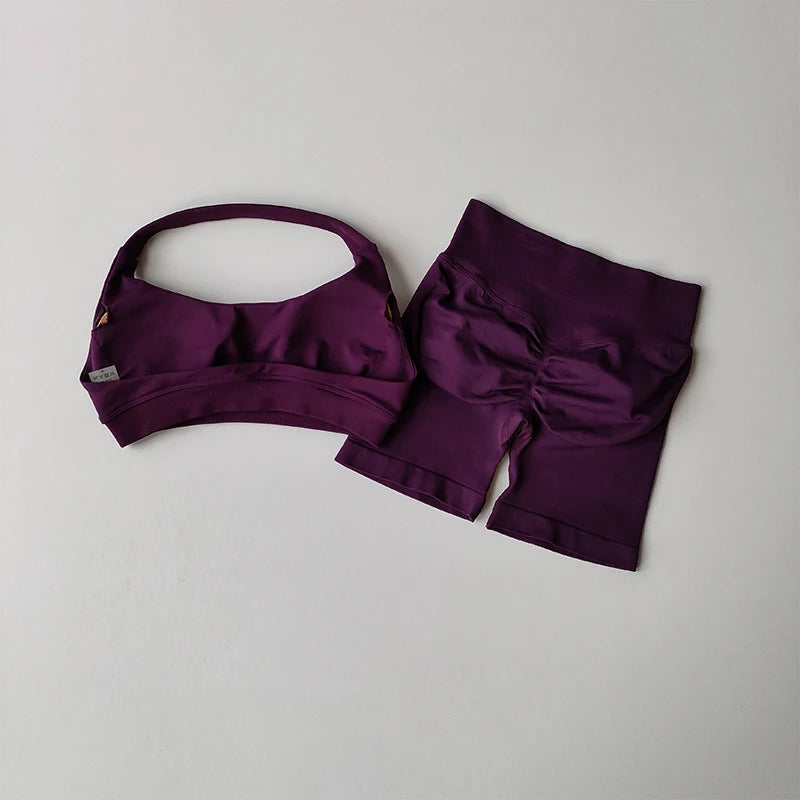Women’s Sports Bra & Shorts Set – High Waist, Halter Back