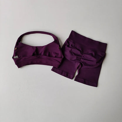 Women’s Sports Bra & Shorts Set – High Waist, Halter Back
