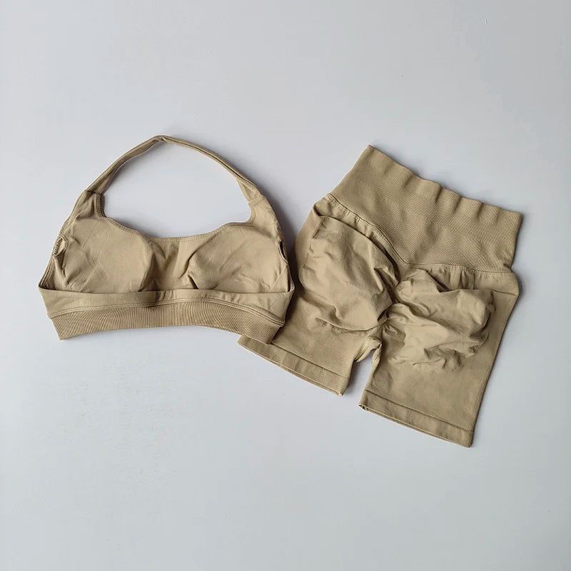 Women’s Sports Bra & Shorts Set – High Waist, Halter Back