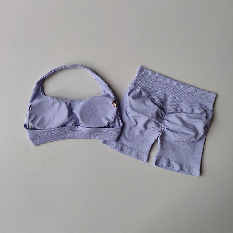 Women’s Sports Bra & Shorts Set – High Waist, Halter Back