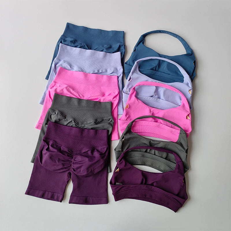 Women’s Sports Bra & Shorts Set – High Waist, Halter Back