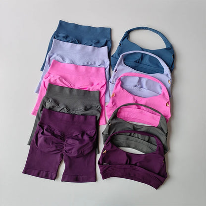 Women’s Sports Bra & Shorts Set – High Waist, Halter Back